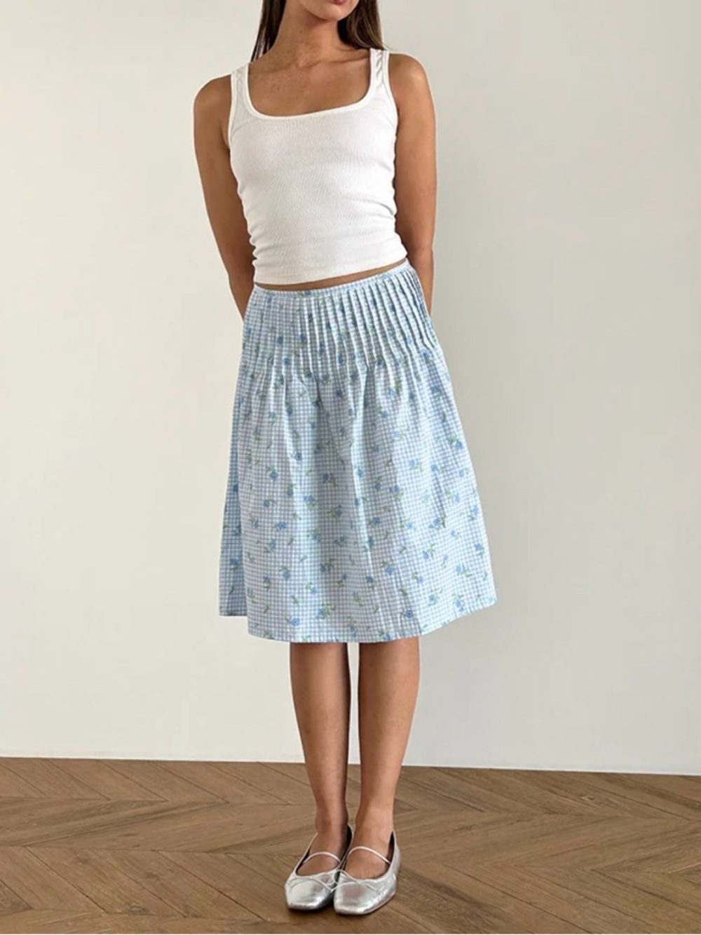 Motel Asada Ditsy Floral Gigham Midi Skirt